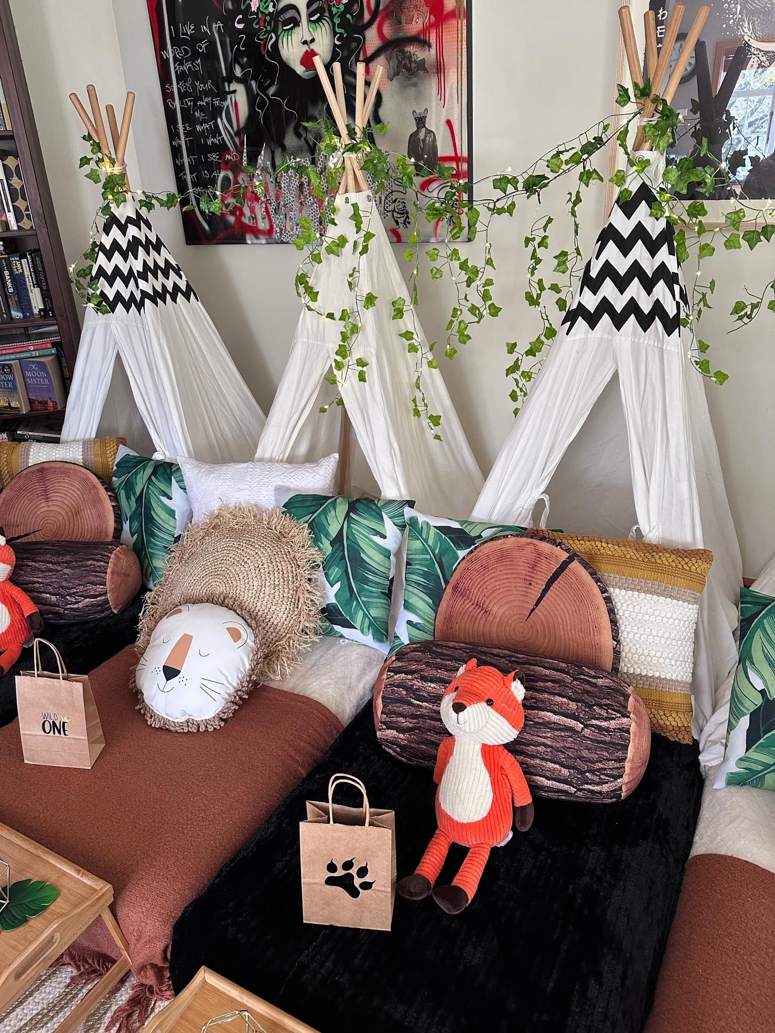 Woodland foxy animal leafy teepee slumber party hire Wellington
