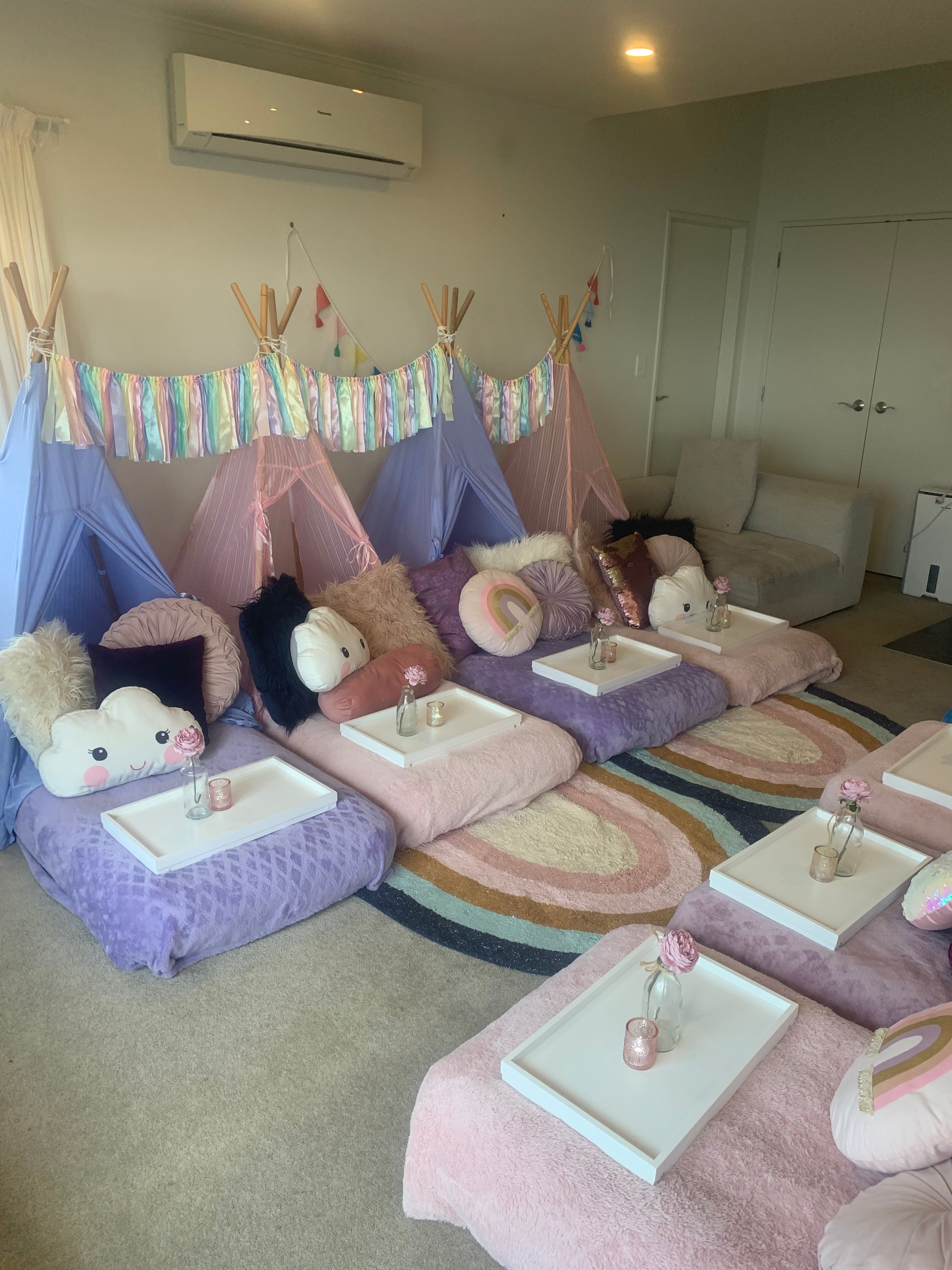 Gorgeous rainbow themed teepee party hire Wellington