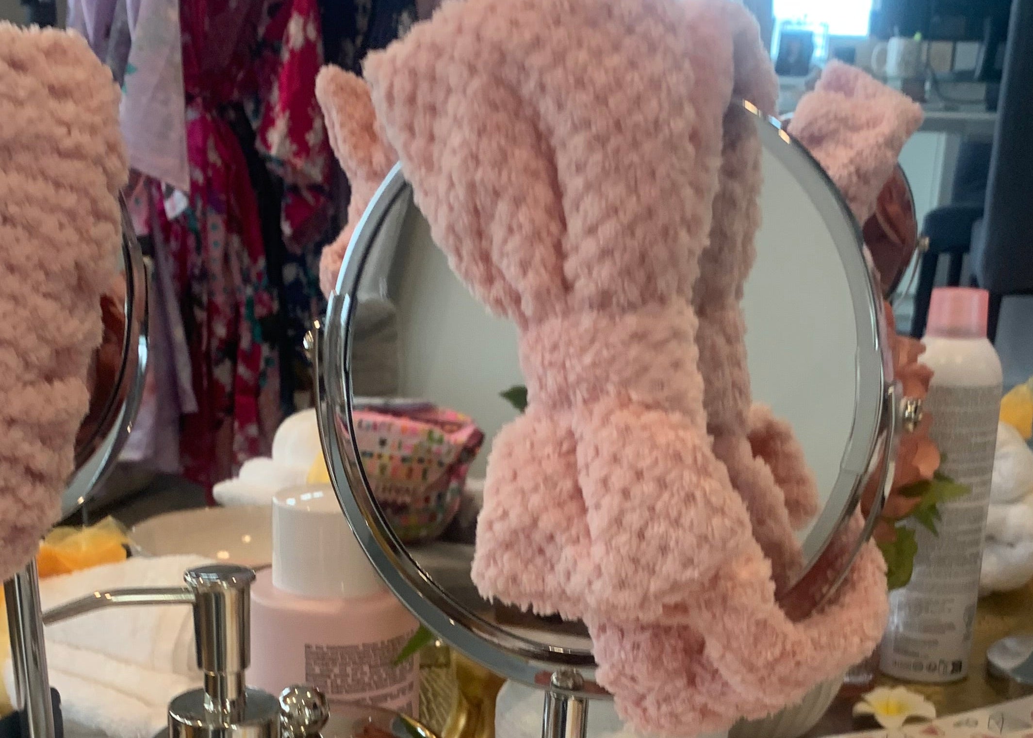 Pink headbands to match your pamper party setup with silk robes in Wellington