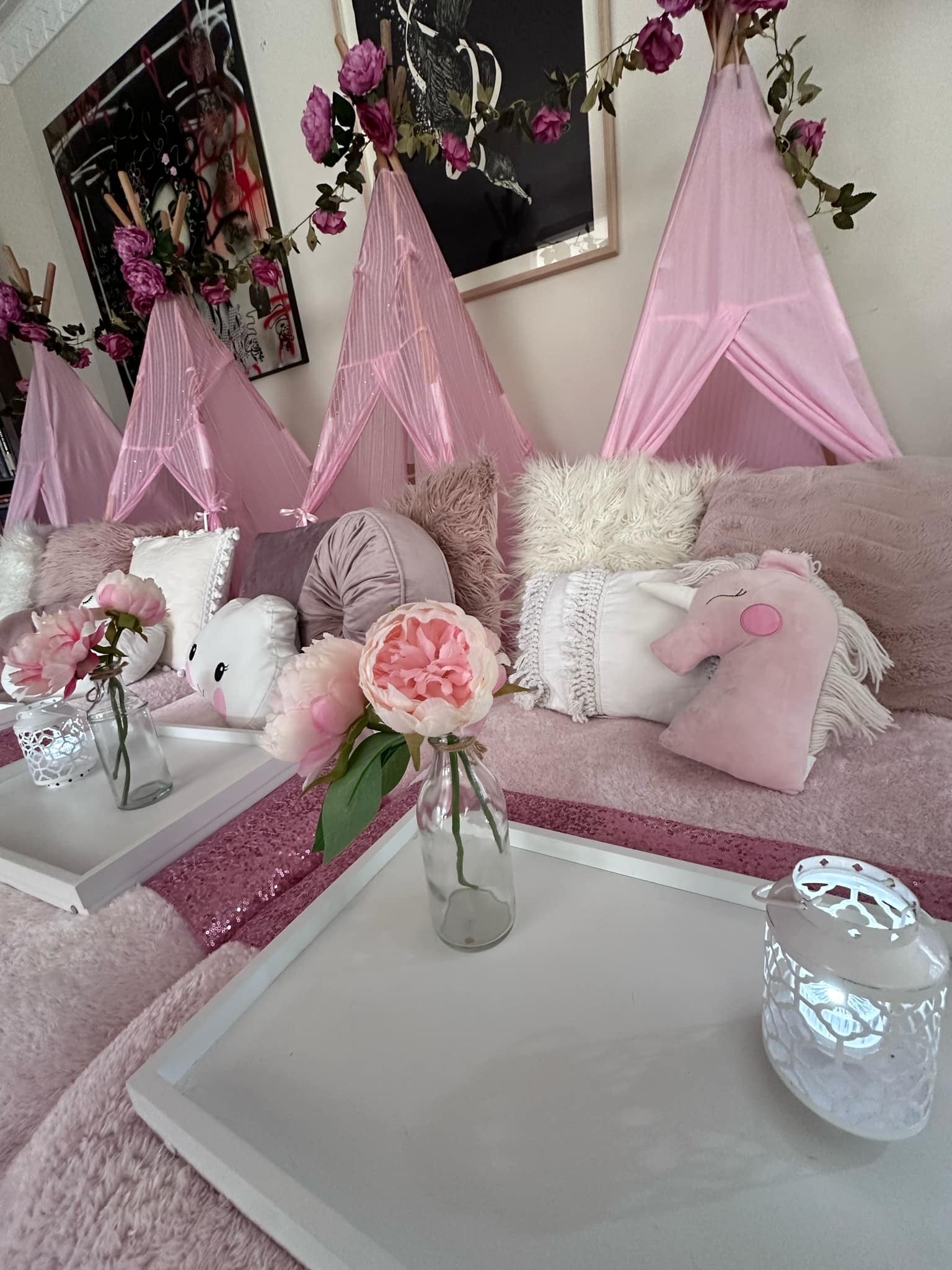 Blush pink floral teepee party setup Wellington