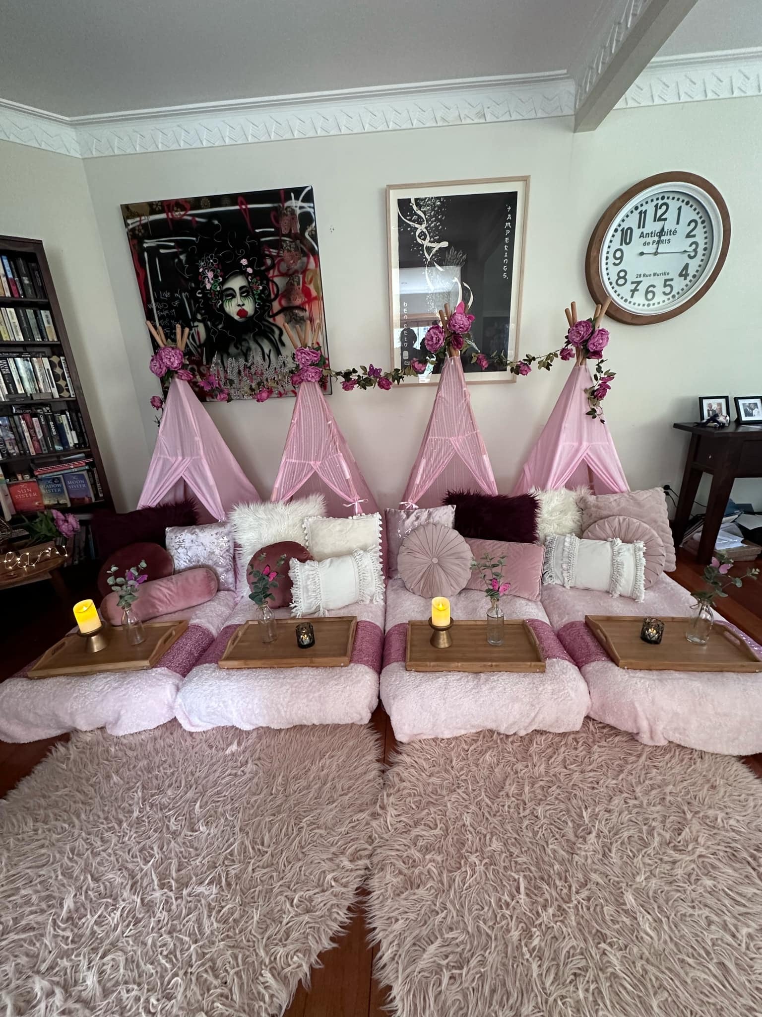 Blush pink and floral teepee slumber party Wellington