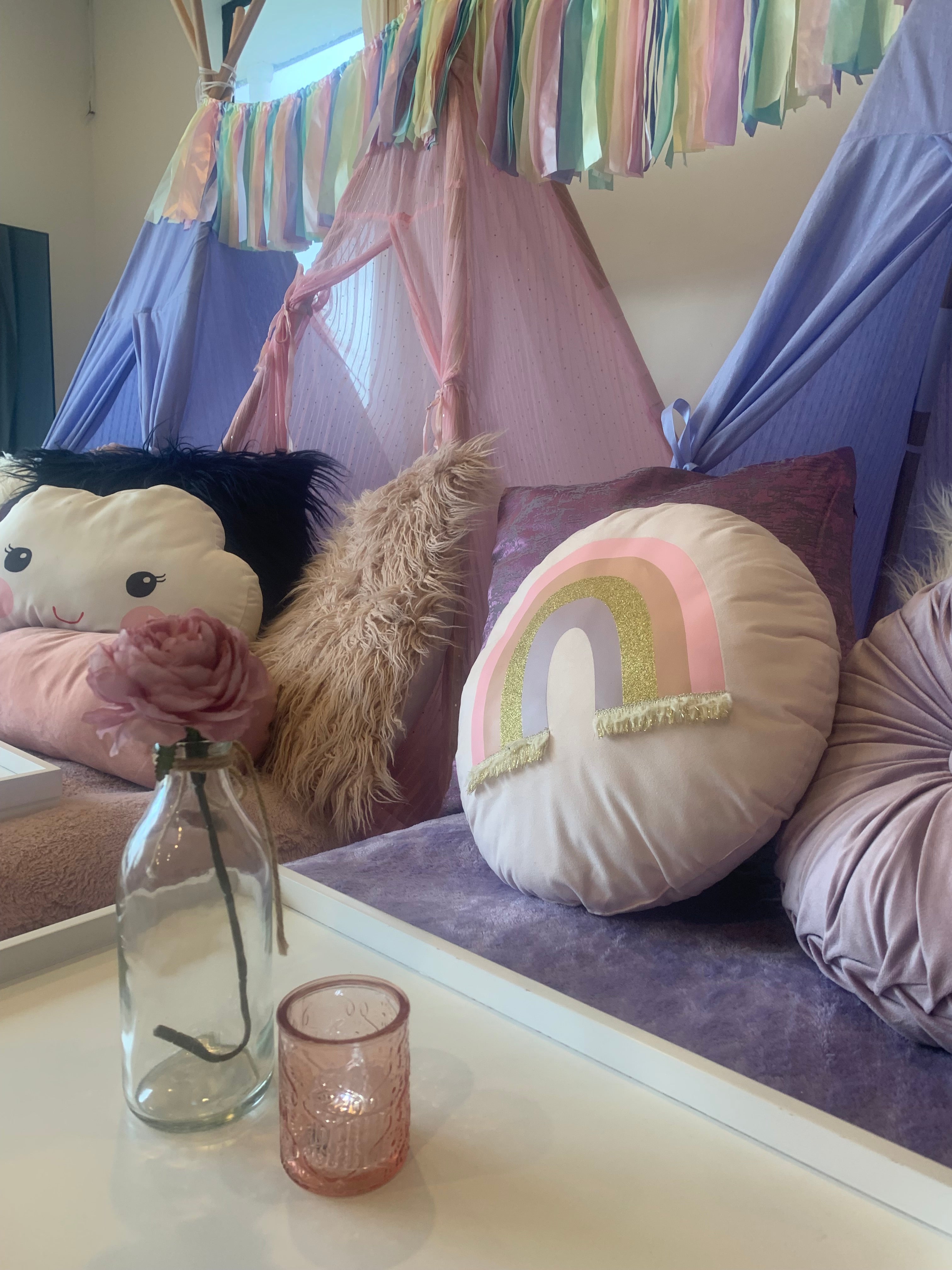 Over the rainbow themed pastel teepee party hire Wellington