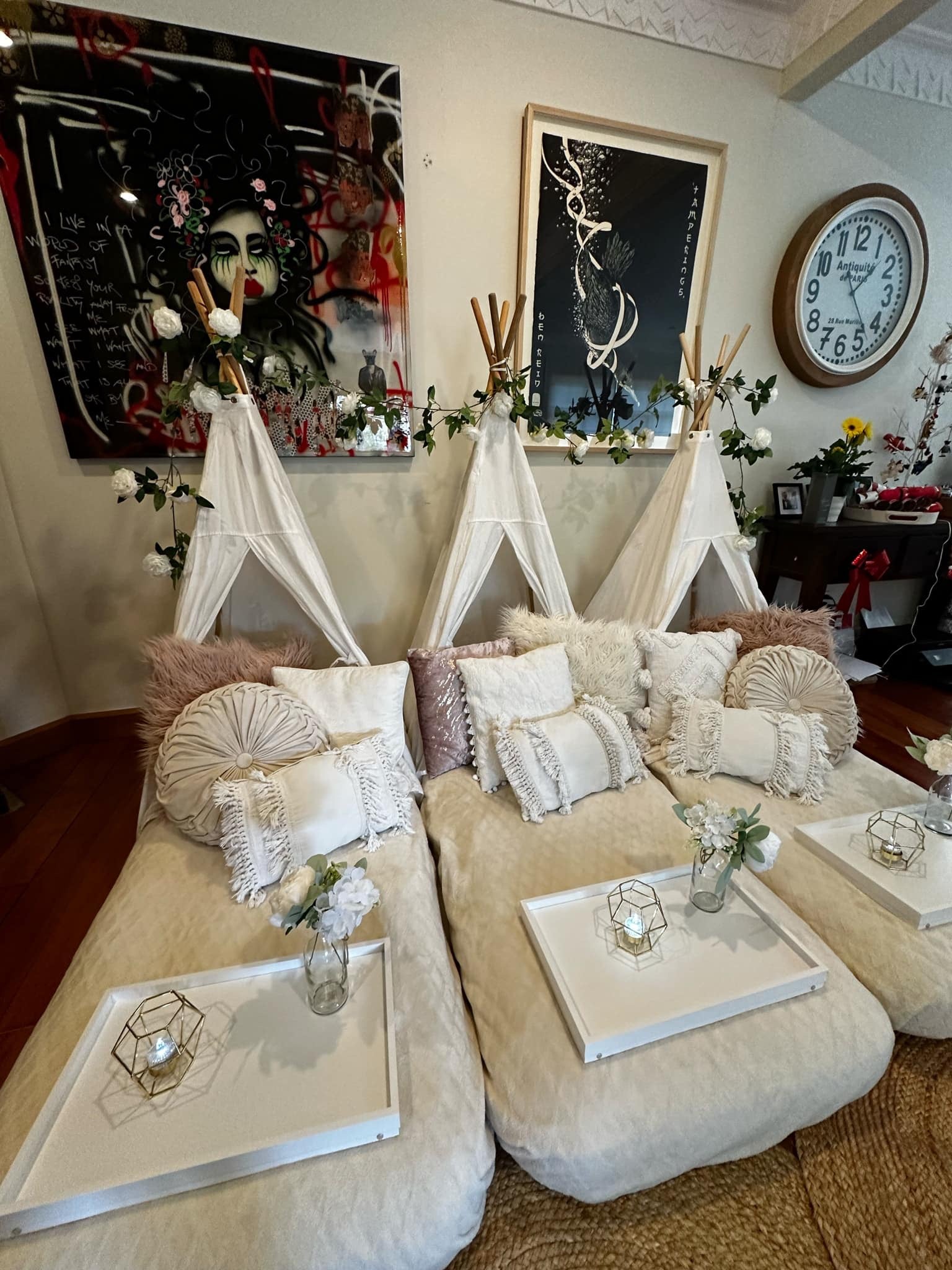 Floral white teepee party setup Wellington