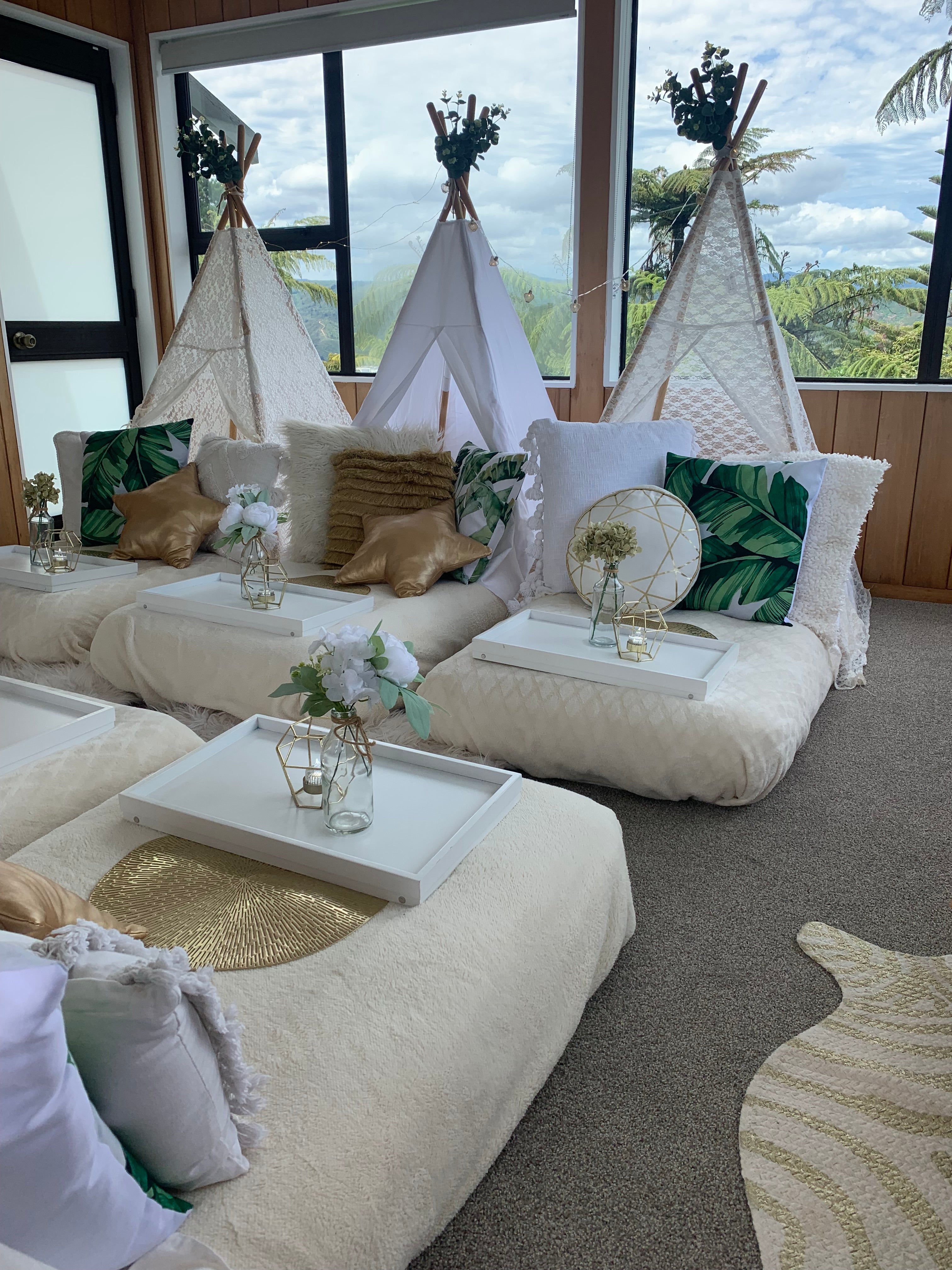 White gold and leafy teepee party hire Wellington