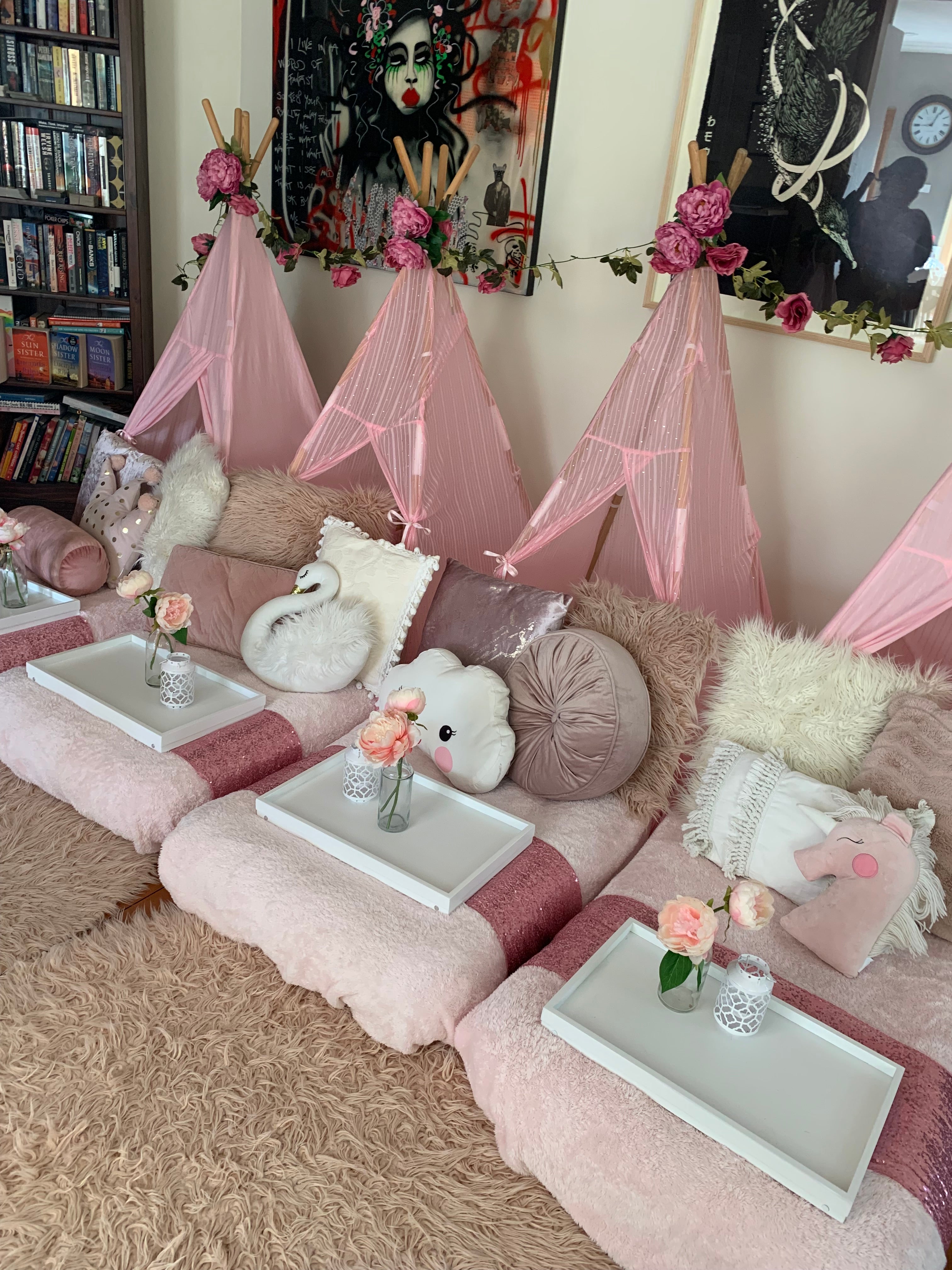 Dreamy girly floral teepee party setup Wellington