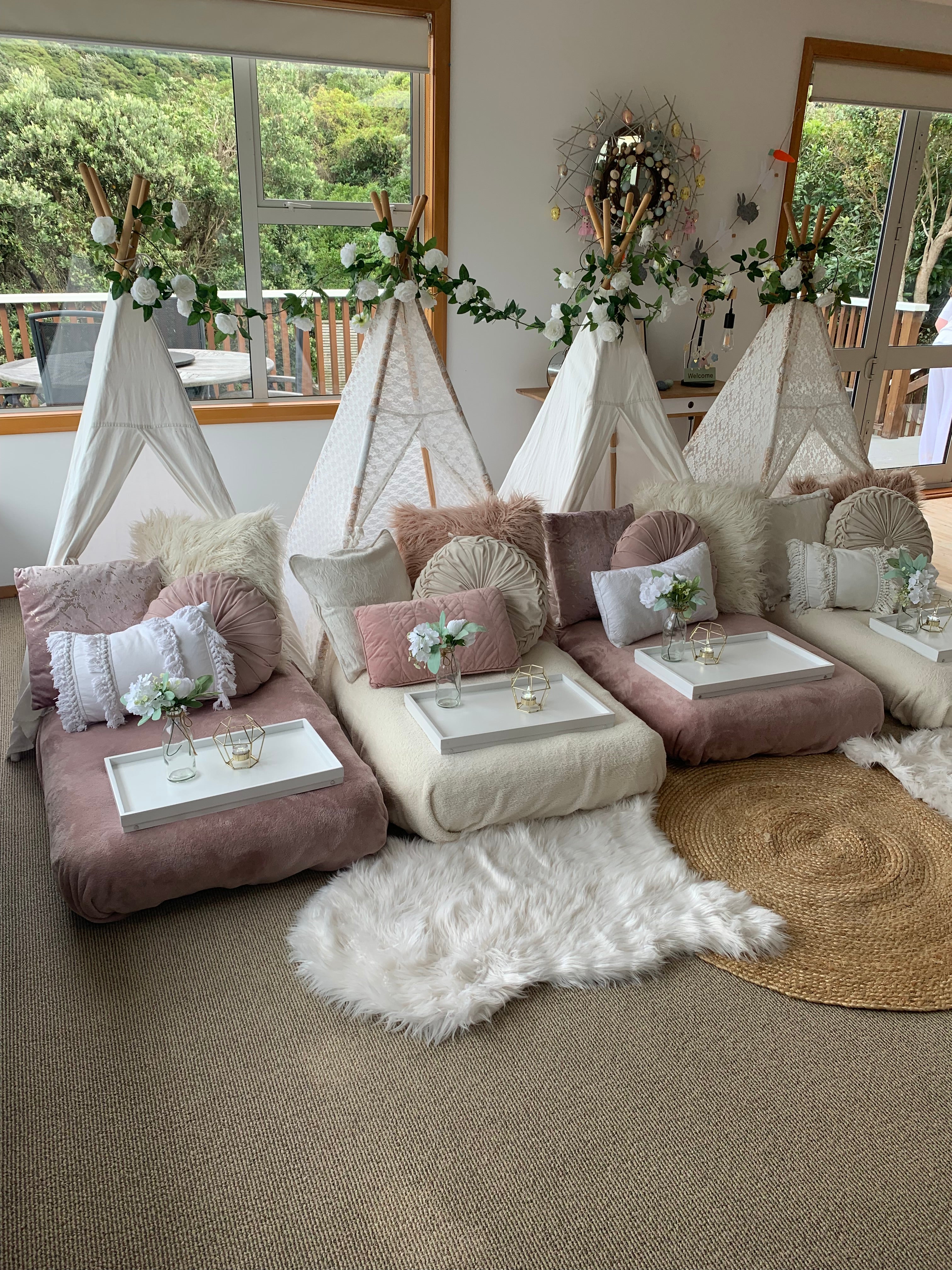 Blooming floral pink and white teepee party setup Wellington