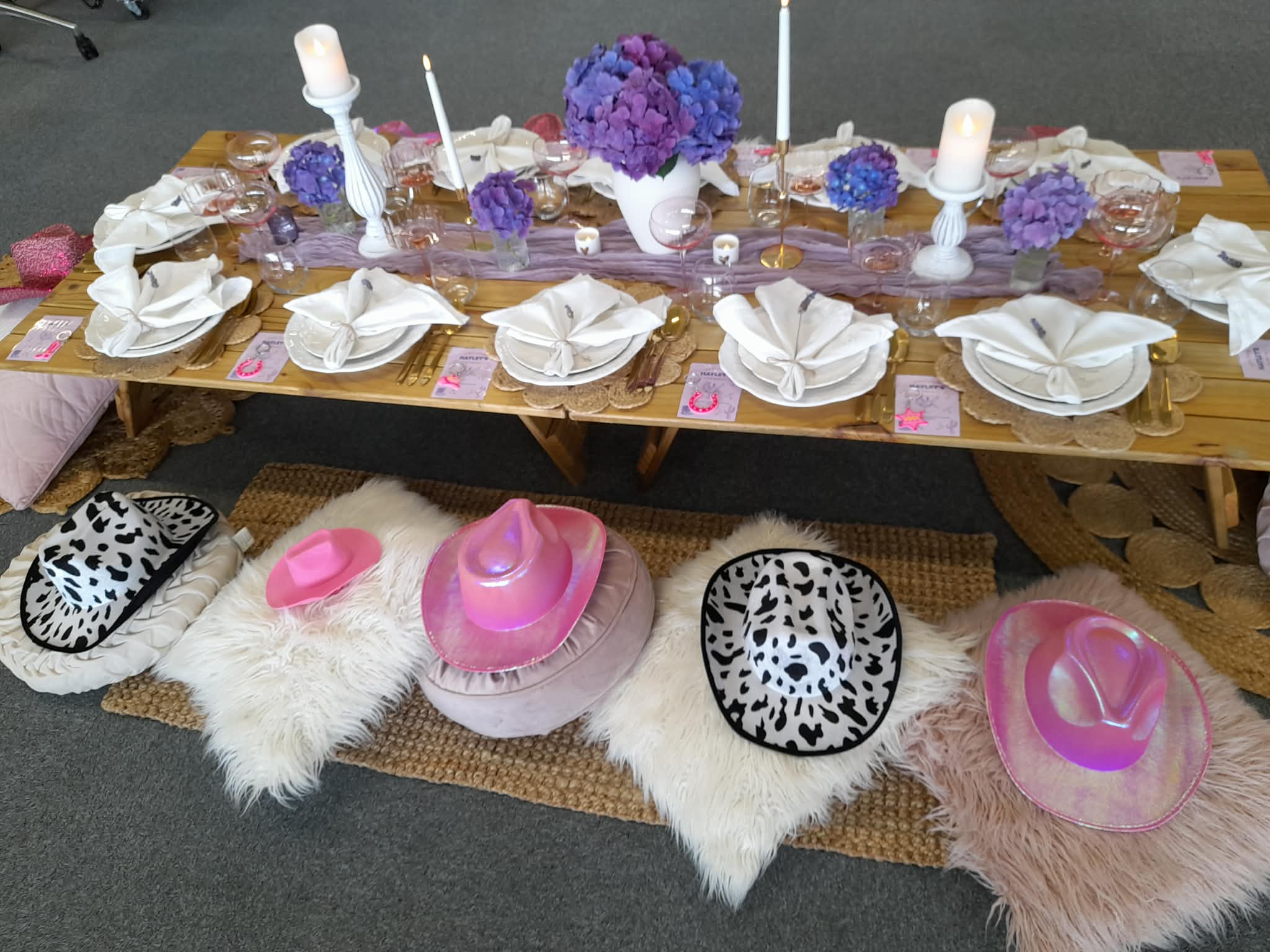 Lilac, lavender, hydrangeas and purple picnic setup Wellington