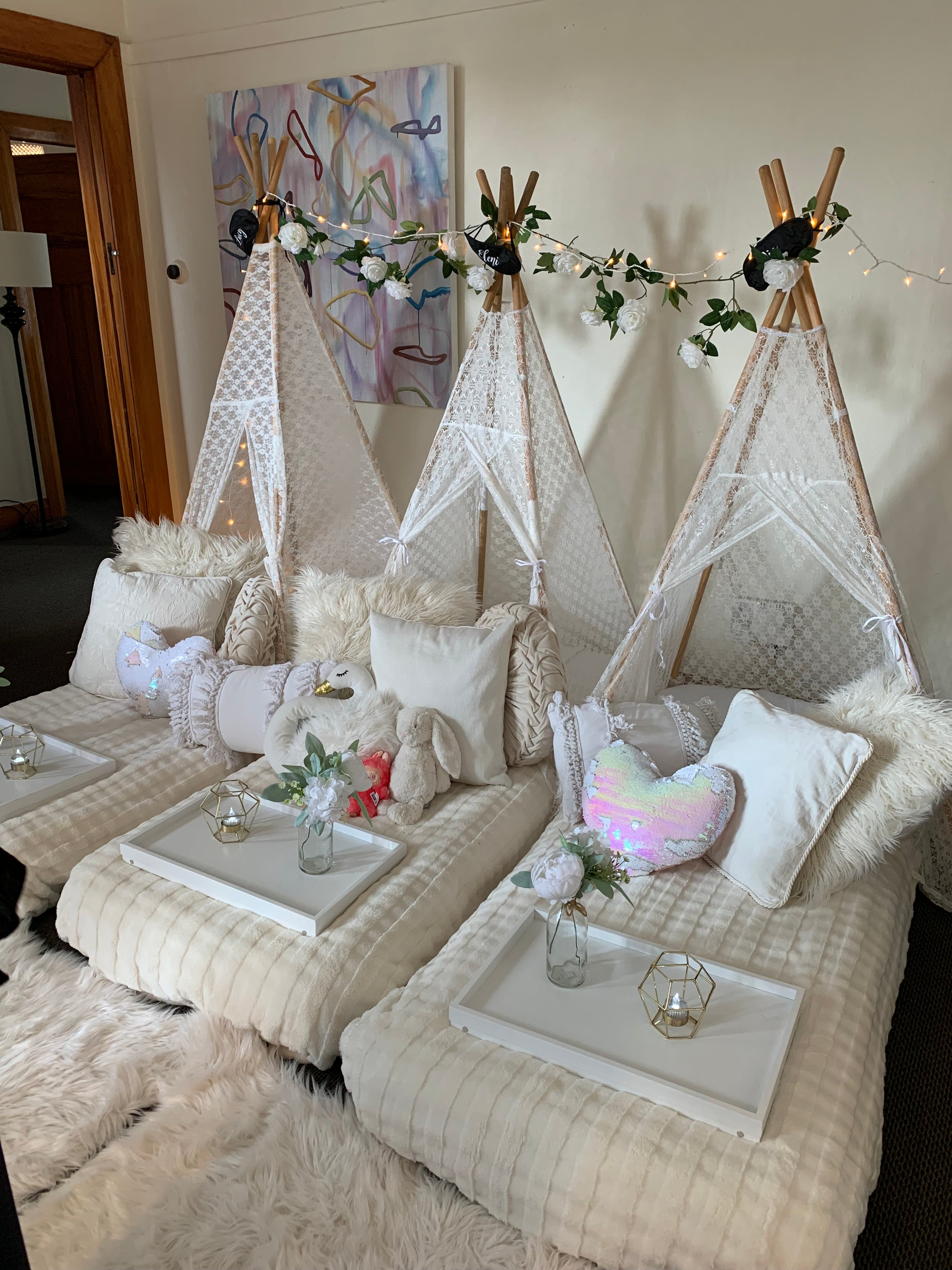 Floral whites teepee party hire Wellington