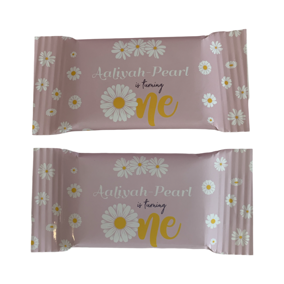 Pink daisy first birthday party personalised kit kats nz