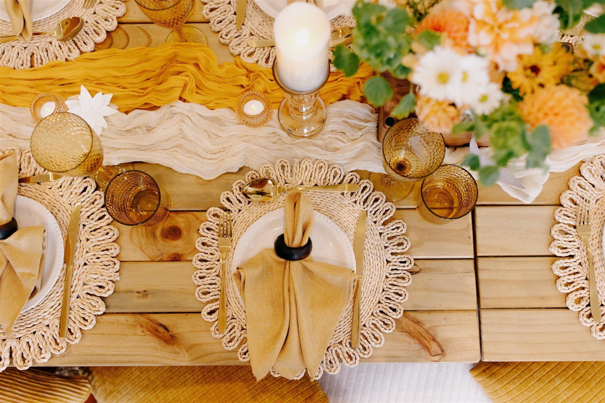 Gorgeous mustard theme tablescape package available for hire Wellington