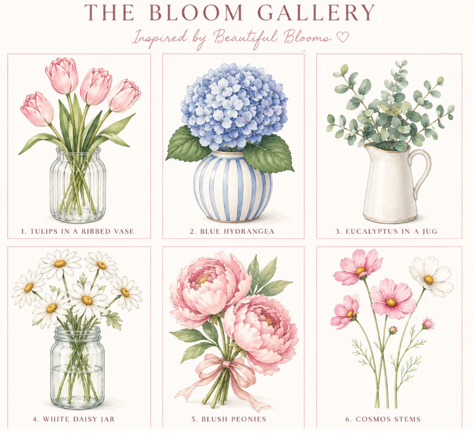 Our gorgeous bloom inspired paint menu - so many to choose from for your Paint and Sip party anywhere in Wellington