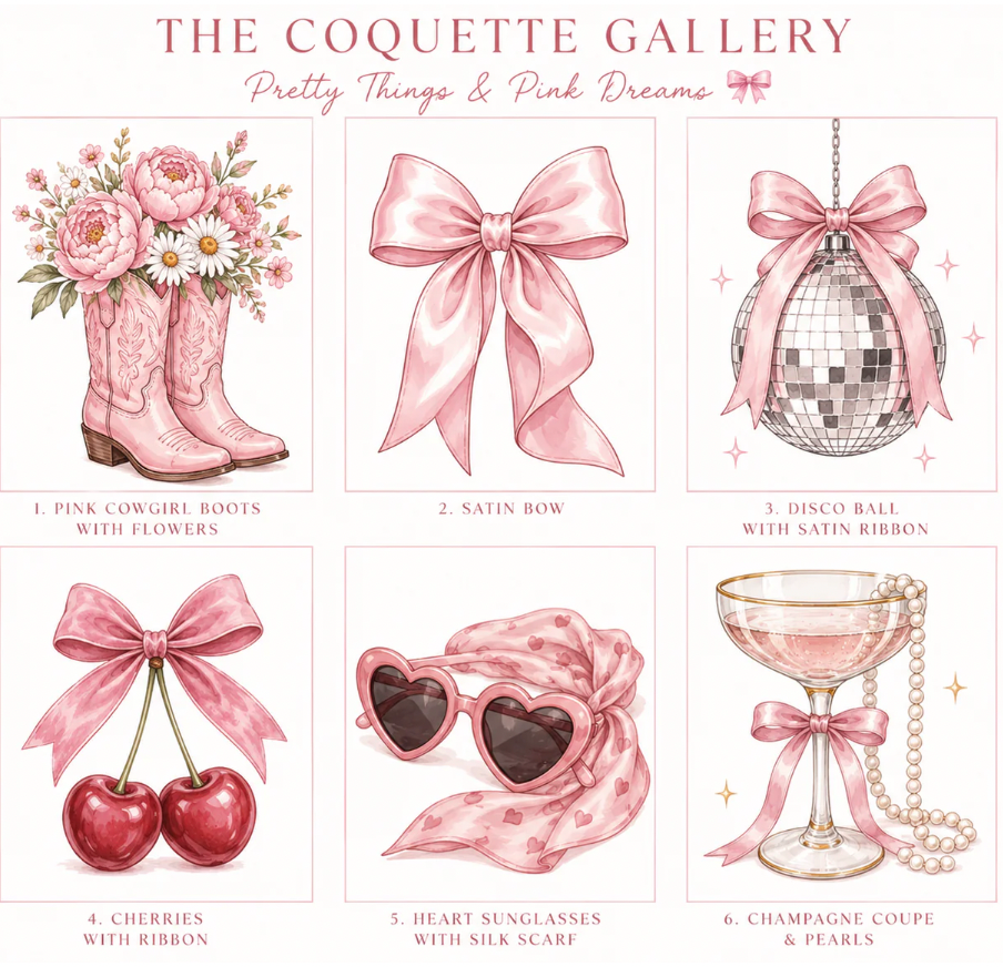 All things pink and girly for our coquette paint menu gallery on offer at our paint and sip parties throughout Wellington.