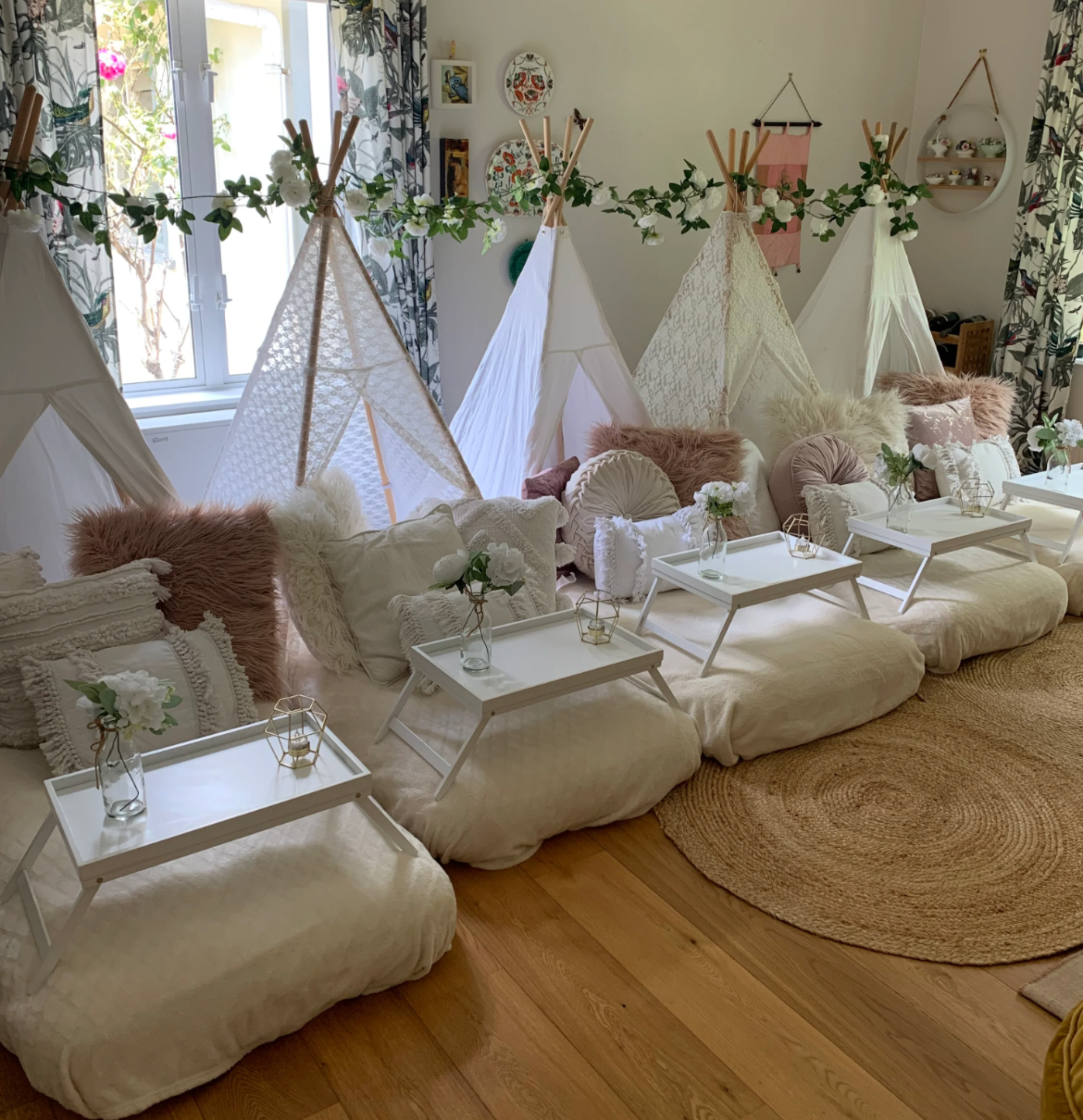 White and floral gorgeous teepee kids party sleepover anywhere in Wellington