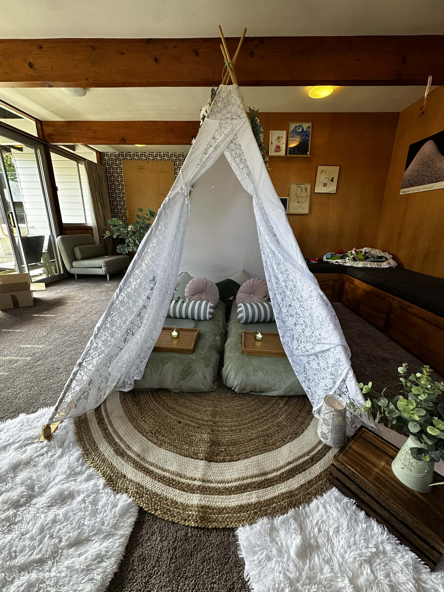 Boho sage themed mega teepee bestie sleepover Wellington