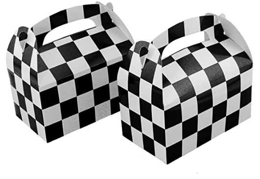 Checkered black and white racing themed party favour boxes