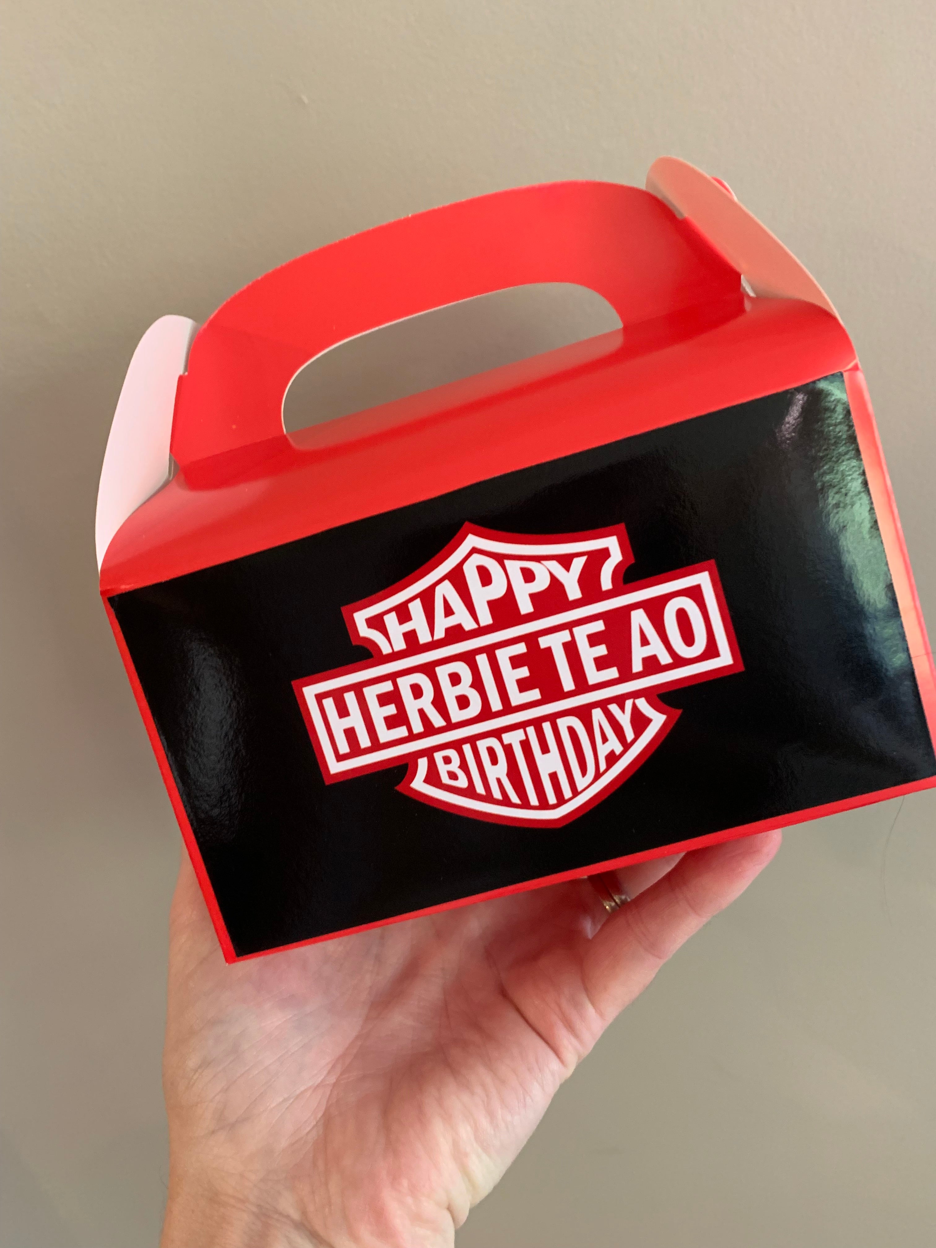 Harley Davidson themed red and black personalised gift party boxes NZ