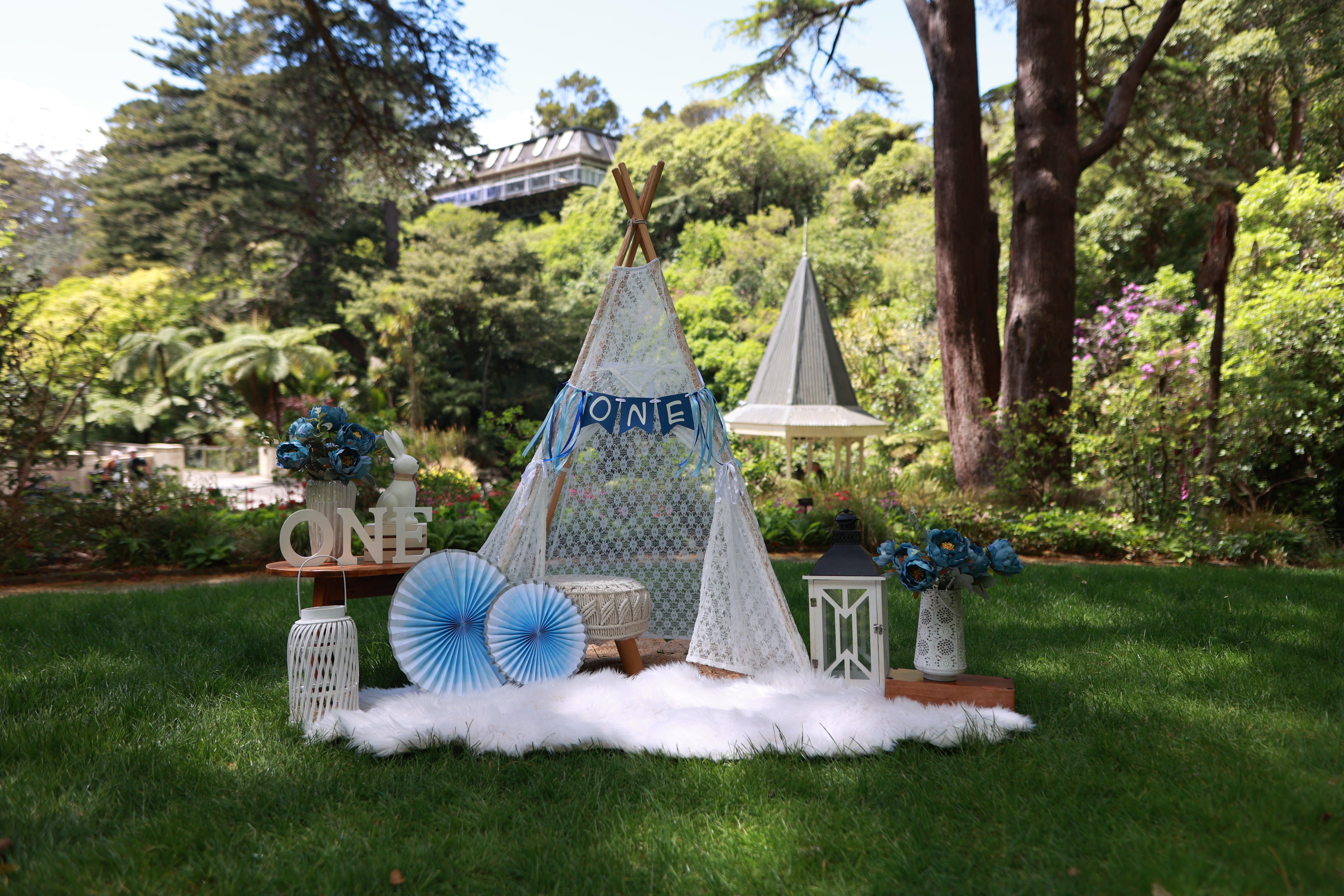 Teepee first birthday photo shoot Wellington Botanical Gardens
