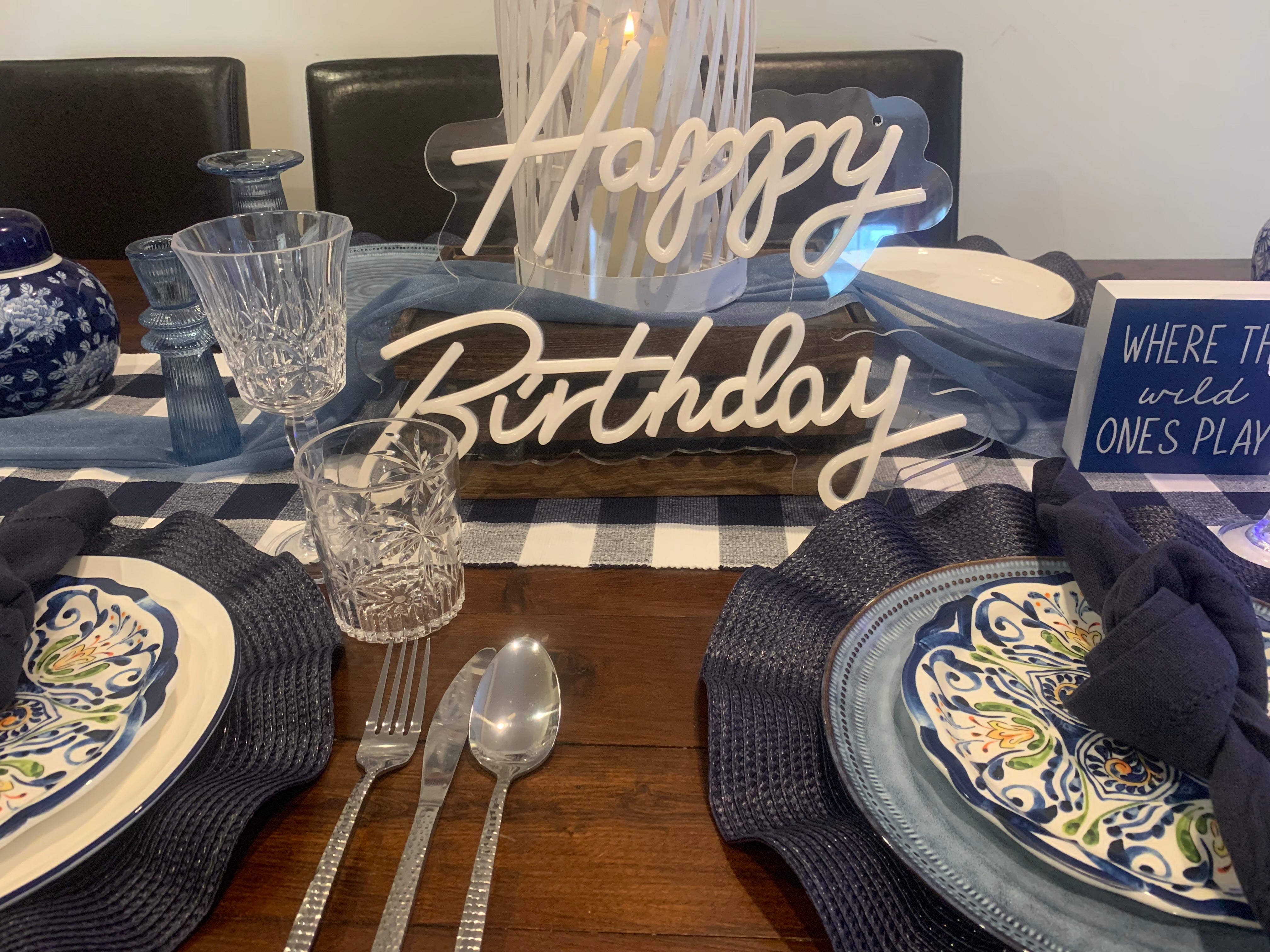 Blue happy birthday themed table setting Wellington events