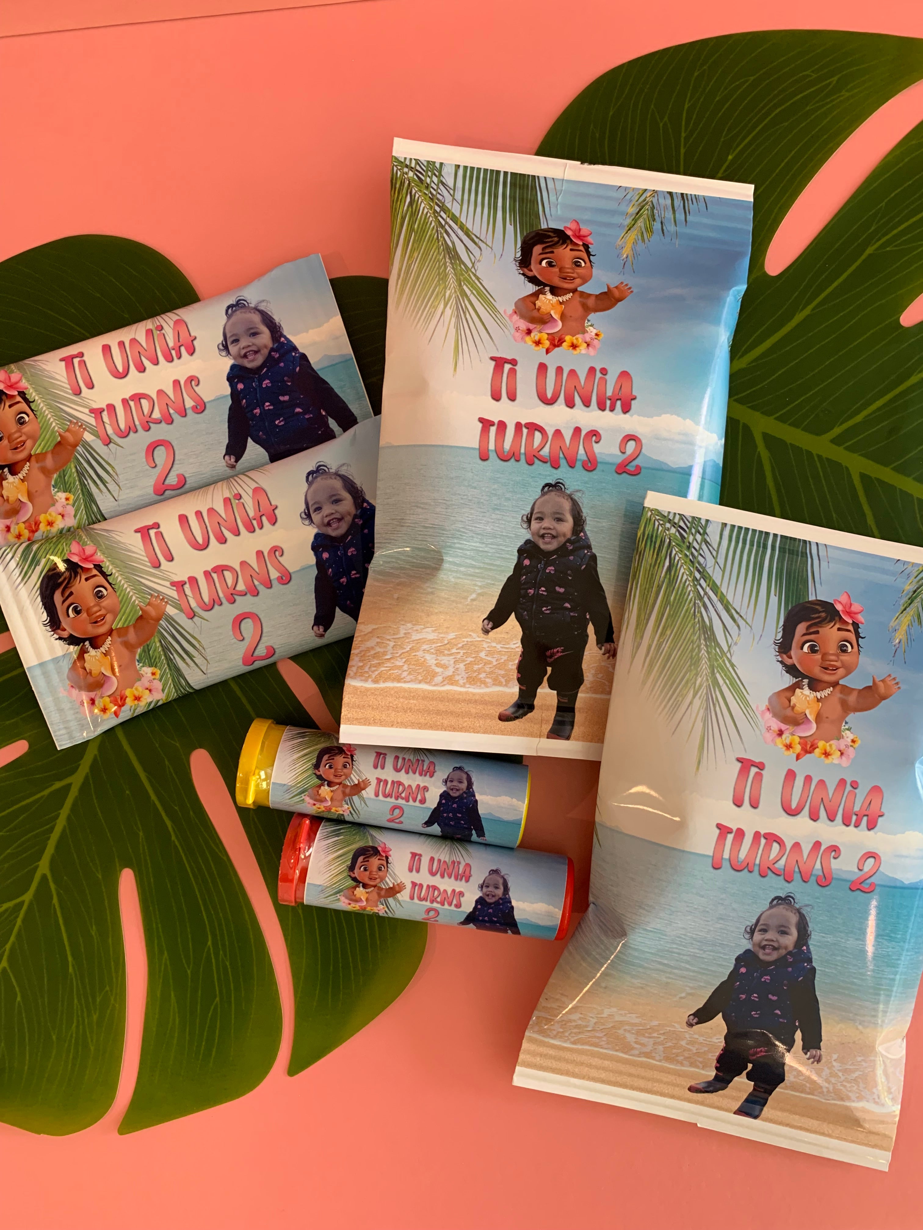 Baby Moana themed personalised party goodies