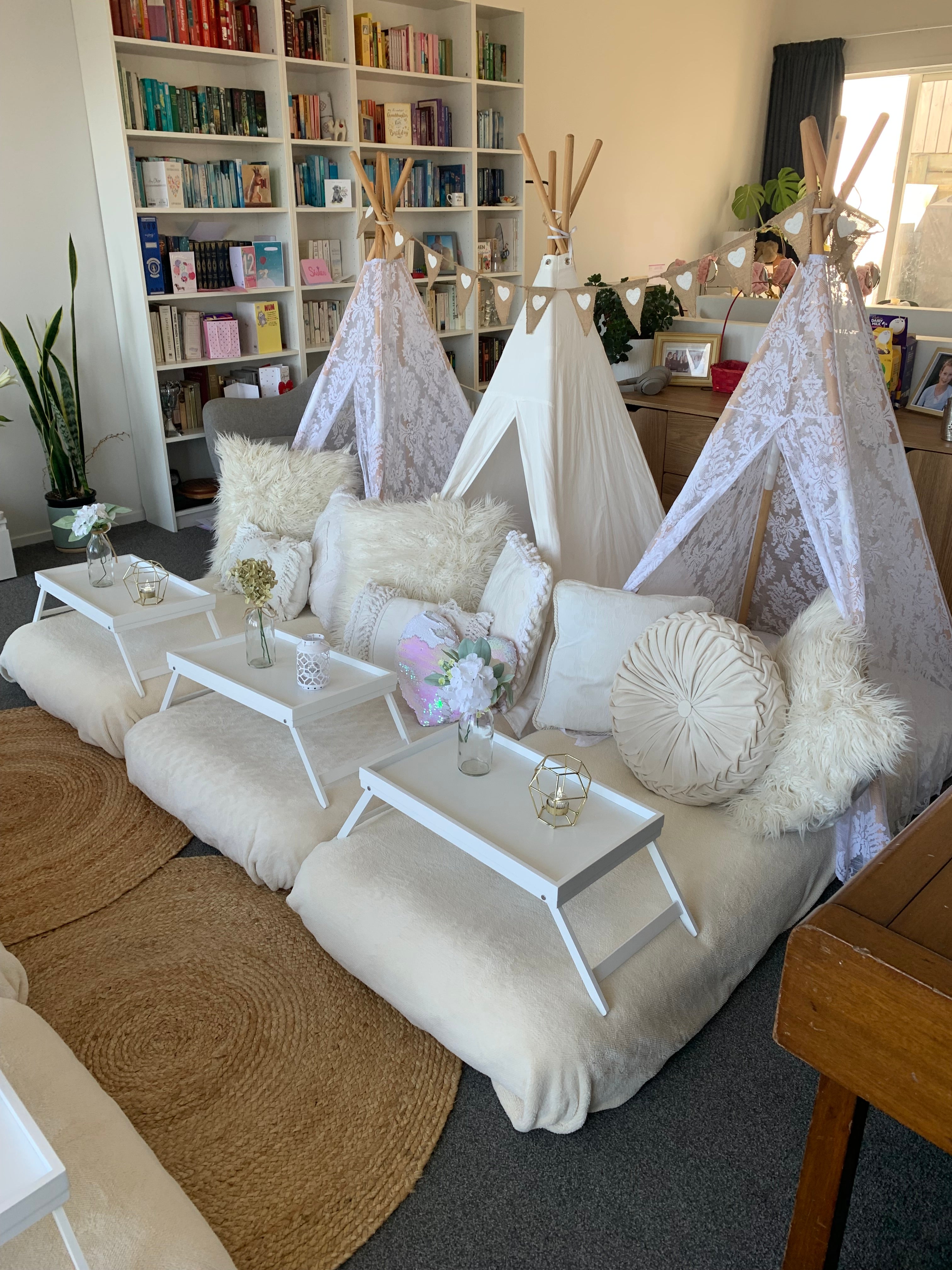 White floral teepee party hire Wellington