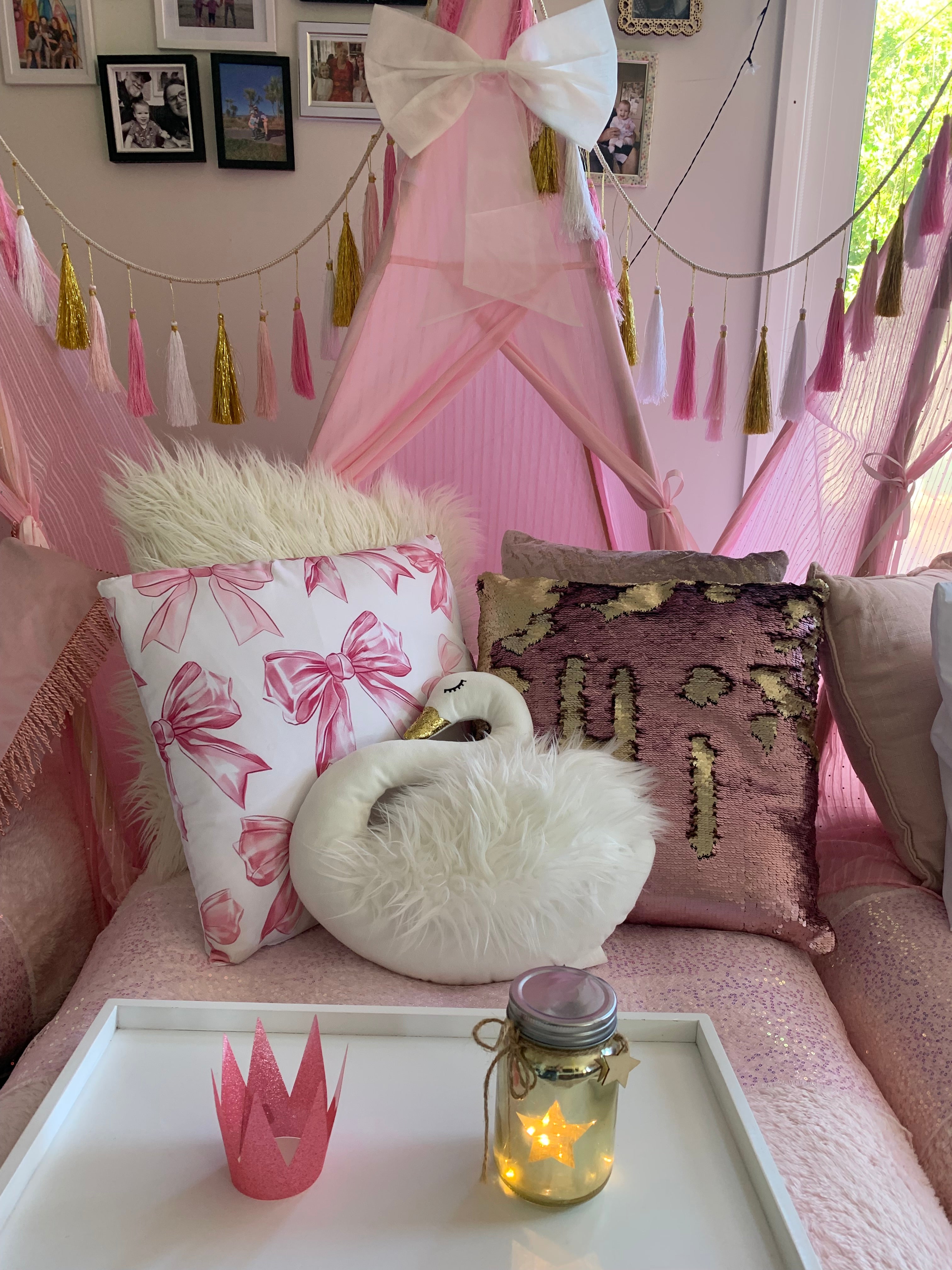 Bows and swans pink teepee party hire Wellington