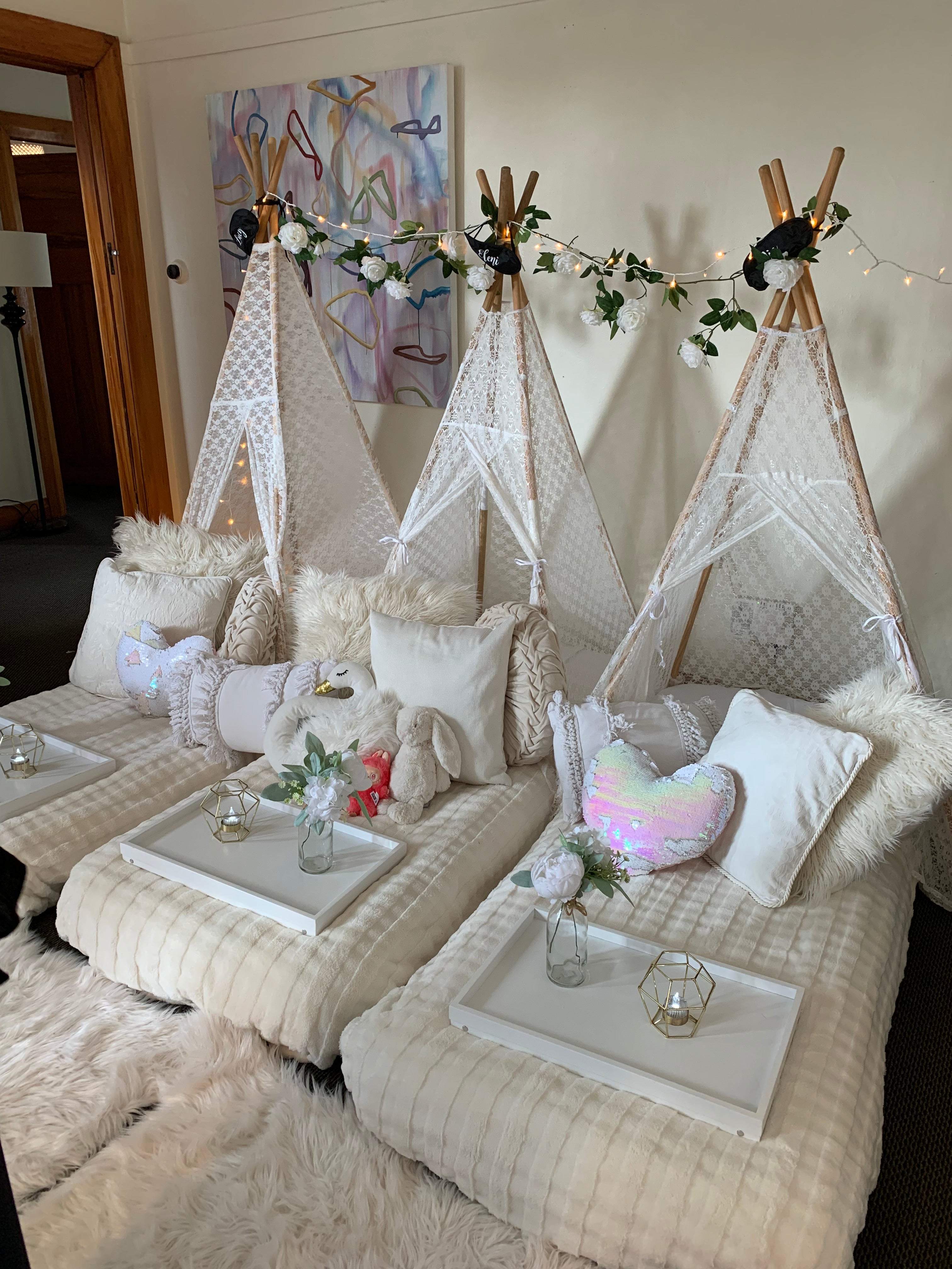 Floral whites teepee party hire Wellington