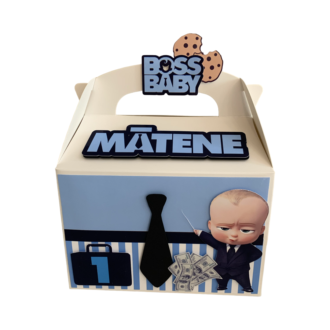 NZ personalised party supplies Boss Baby gift boxes