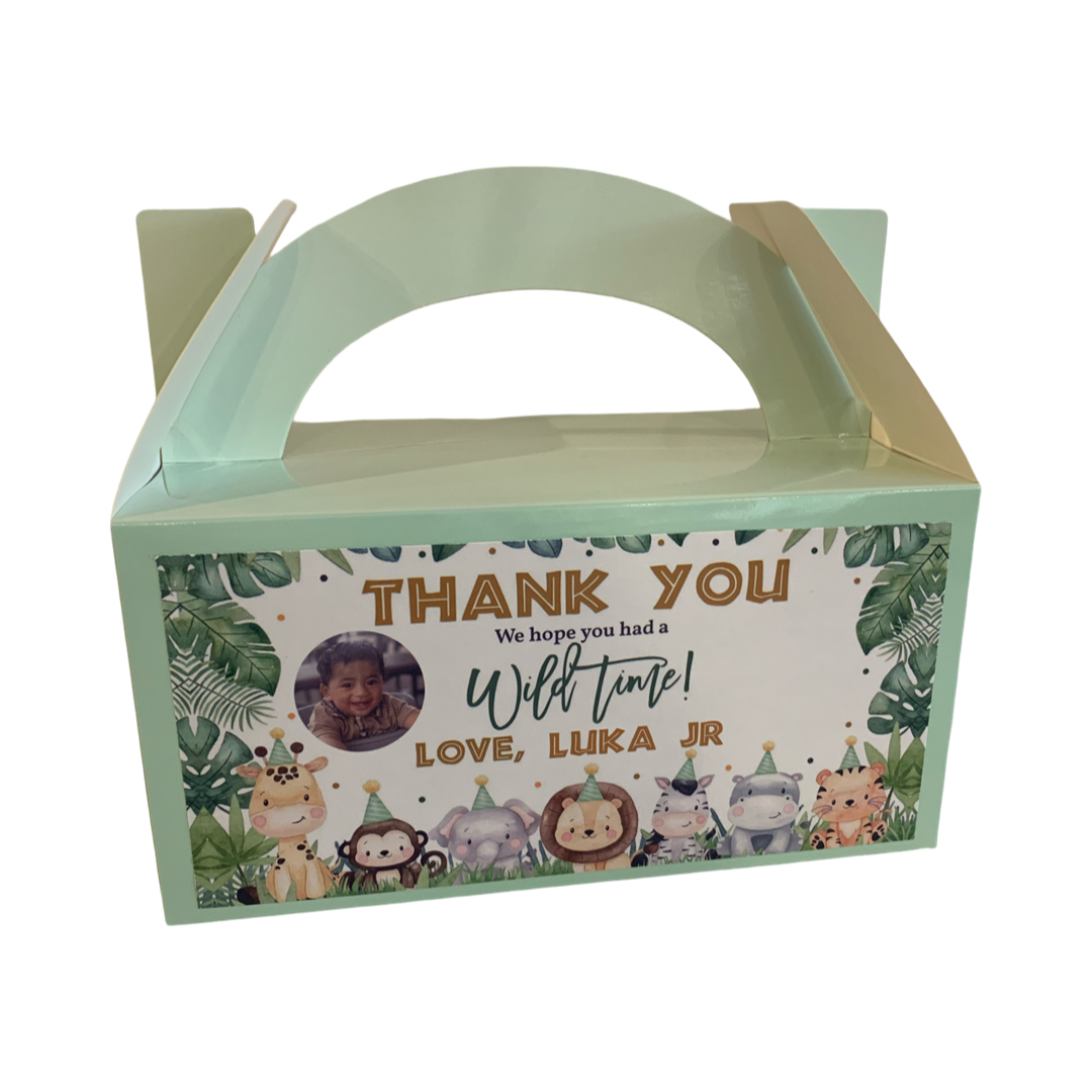 Safari themed personalised party boxes NZ