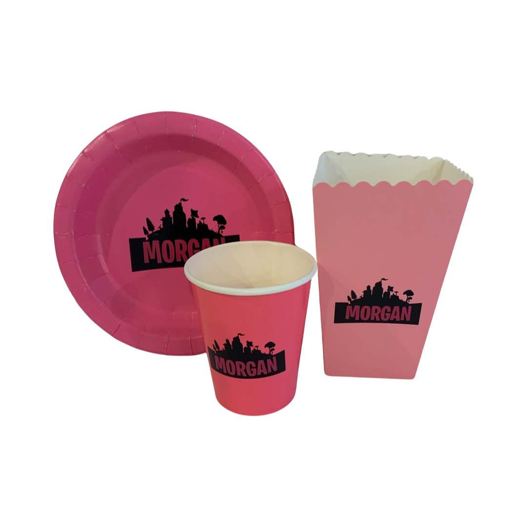 Pink fortnite personalised tableware party set