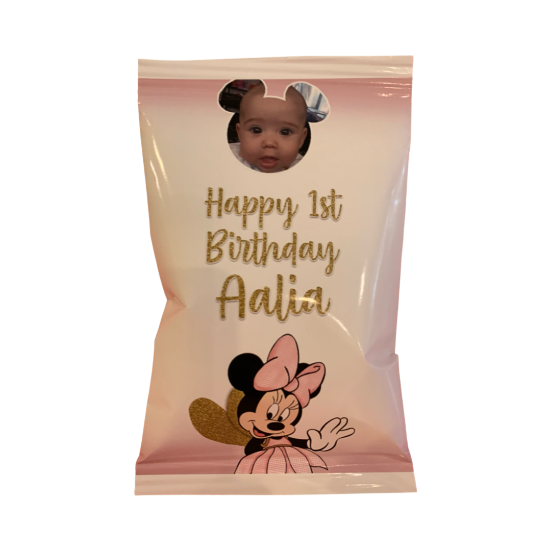 Minnie Mouse themed personalised chip or popcorn pack