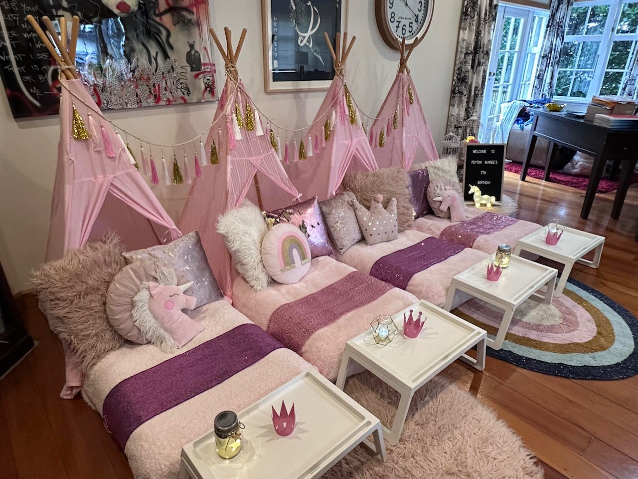 Pink unicorn and princess teepee slumber party Wellington