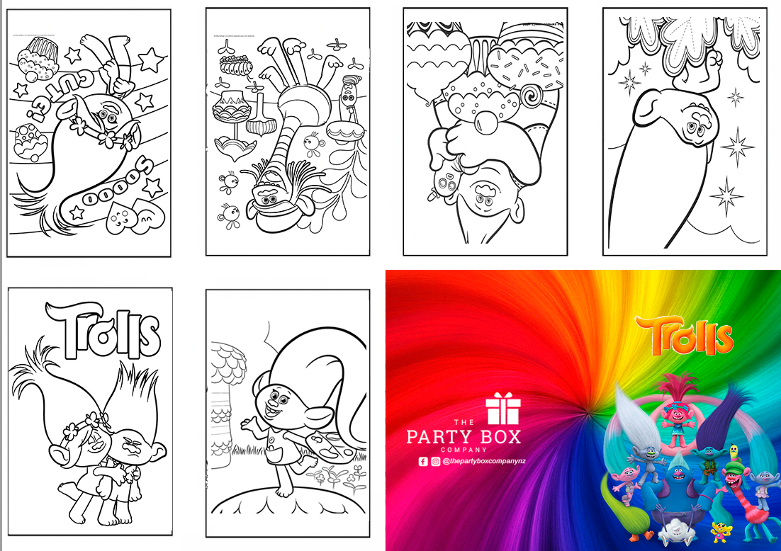 Trolls party favours NZ colouring books
