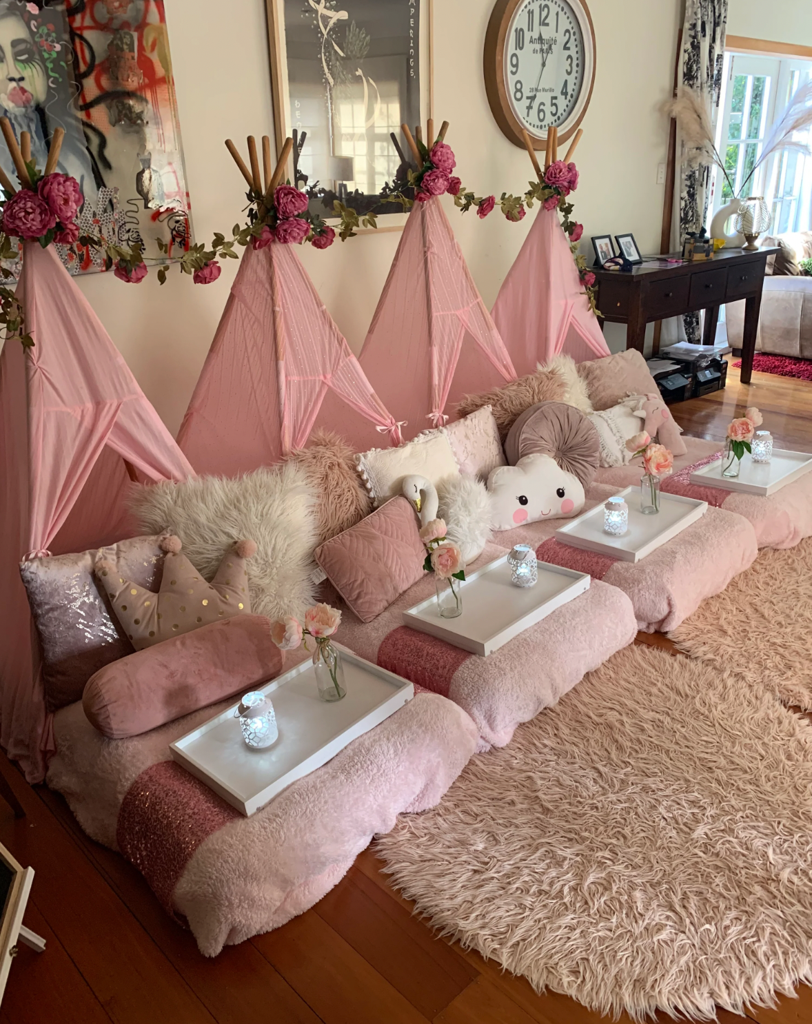 Floral pink teepee party hire Wellington