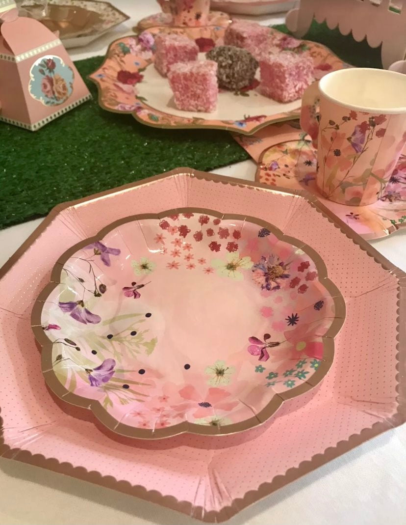High tea garden party plates and cups
