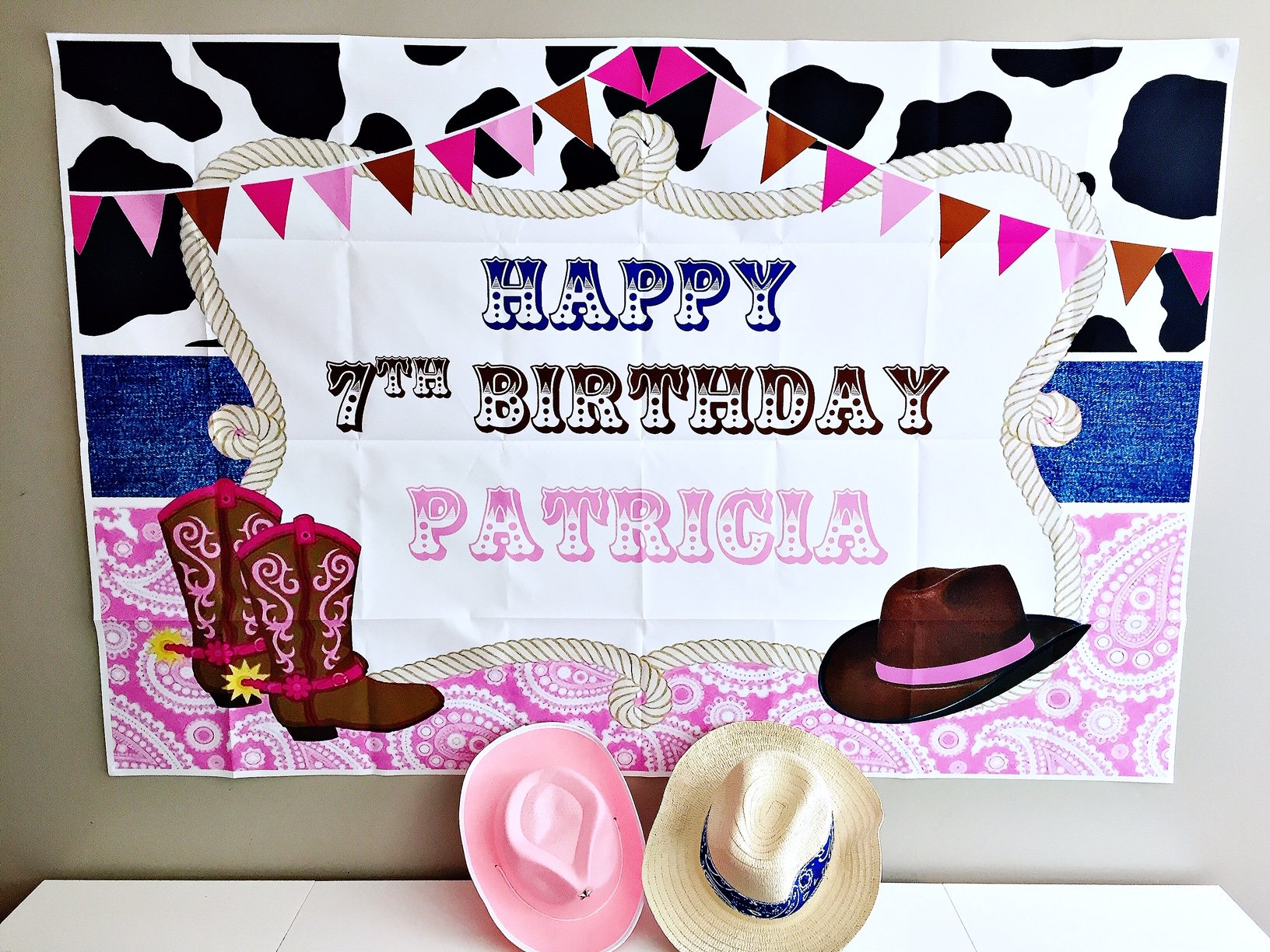 Personalised vinyl cowgirl party backdrop