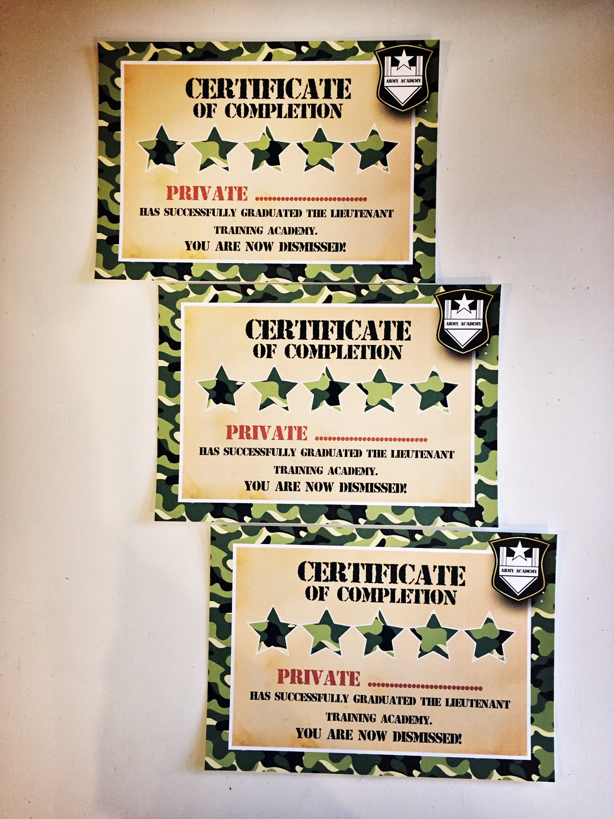 Army party games certificates