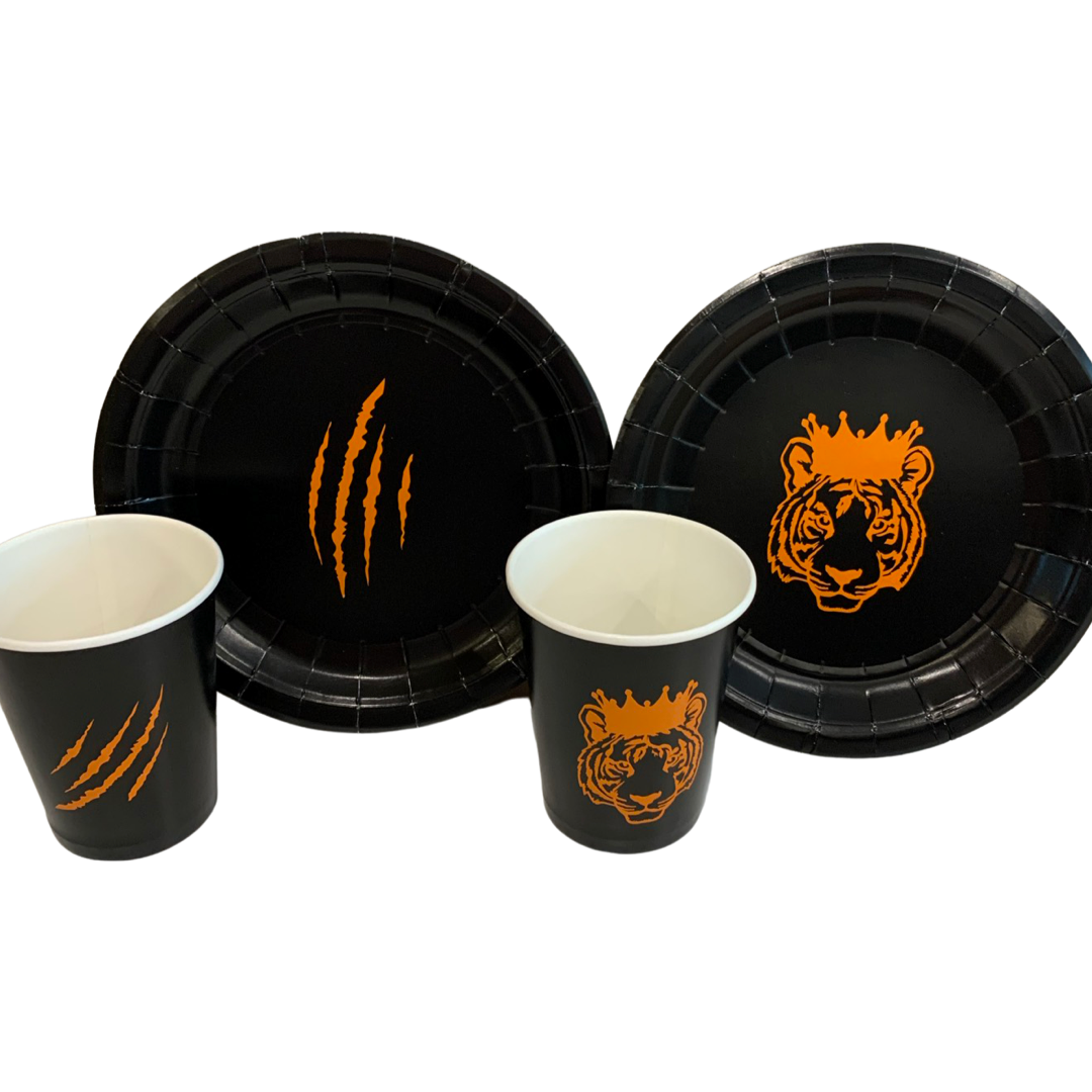 Tiger themed party plates and cups